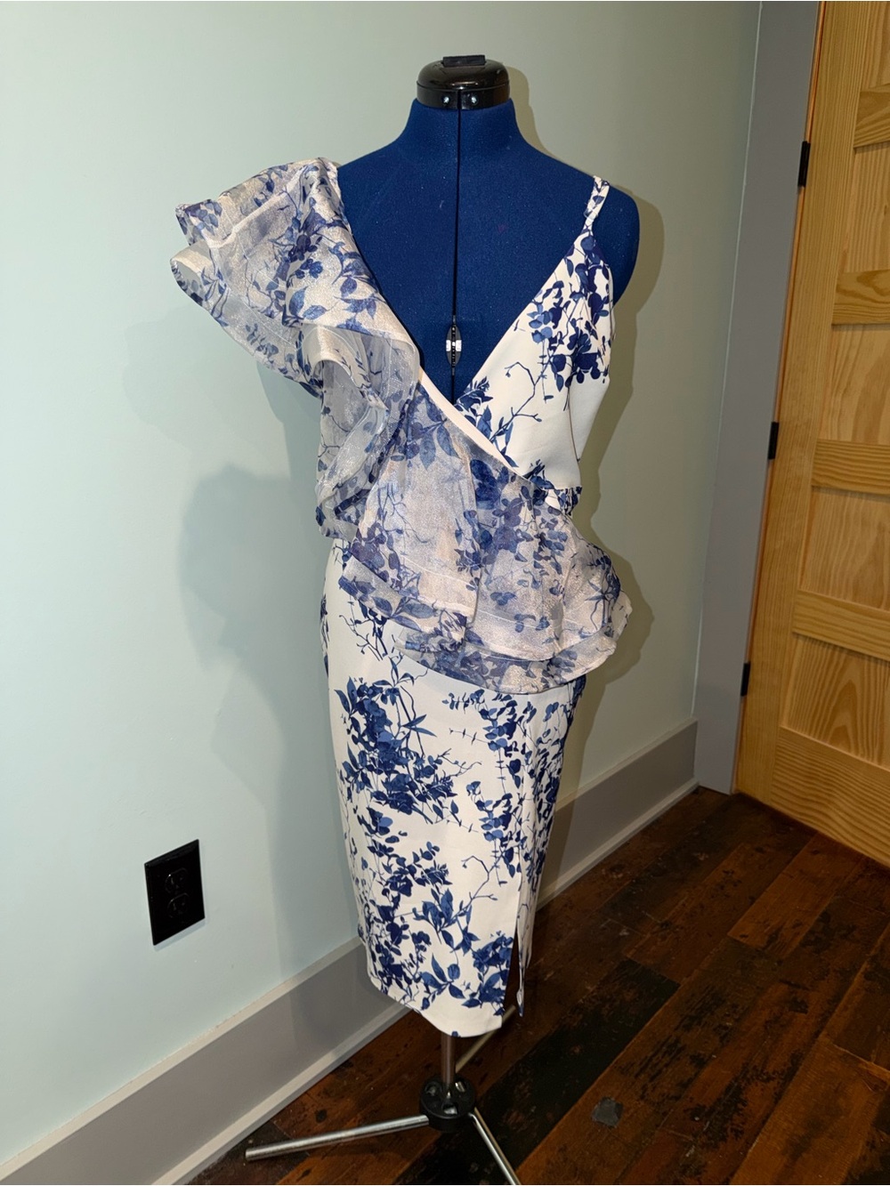 Forever Unique White and Blue Floral Ruffle Midi Dress